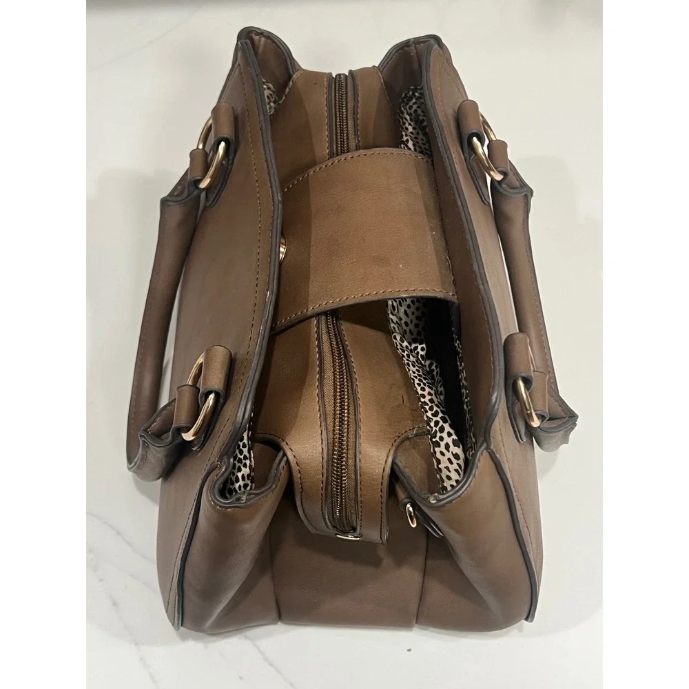 Brown Faux Leather Satchel Handbag Gold Hardware Cheetah Print Lining Tote Bag